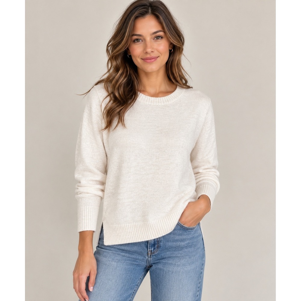 J.Crew White Cotton Blend Crewneck Sweater Long Sleeve Ribbed Knit Top Medium